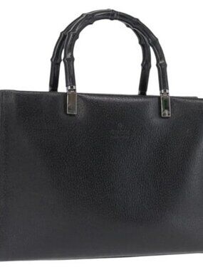 GUCCI Bamboo Hand Bag Leather Black Silver 002 0260 Auth 166619